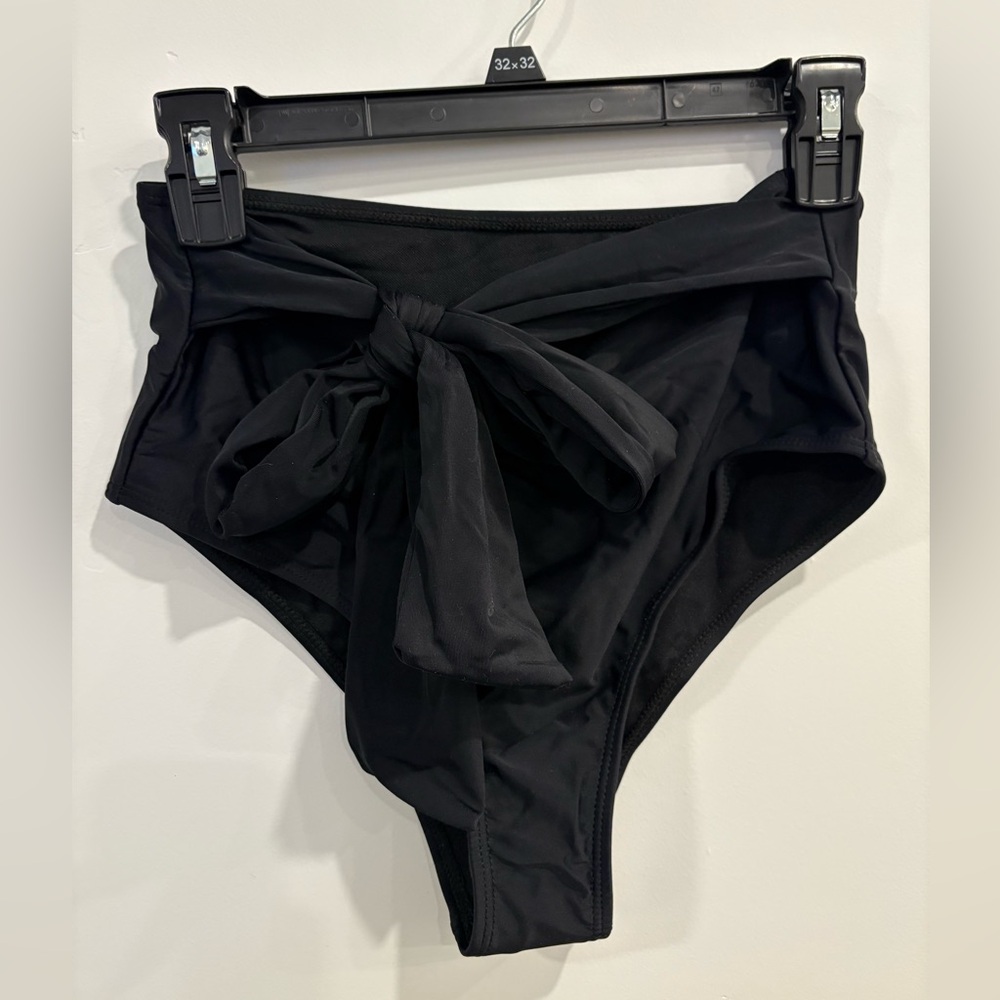Black Ruffle Sleeve Gold V Detail Bow Bottoms Tie Bikini High Waisted Size M NWT - Picture 6 of 6